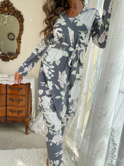 Women's Sleepwear Lounge Wear 3 Pcs Women Pajamas Set  Floral Printed Sleepwear Cami Top&Long Pants with Bathrobe Dressing Gown