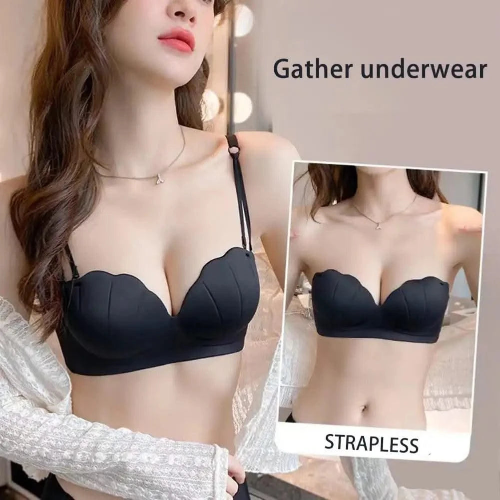 Women Wireless Bra Sculpting Cup Bra Strapless Push Up Bra with Anti-slip Strip Detachable Straps for Women No Steel Ring Solid