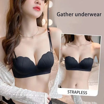 Women Wireless Bra Sculpting Cup Bra Strapless Push Up Bra with Anti-slip Strip Detachable Straps for Women No Steel Ring Solid