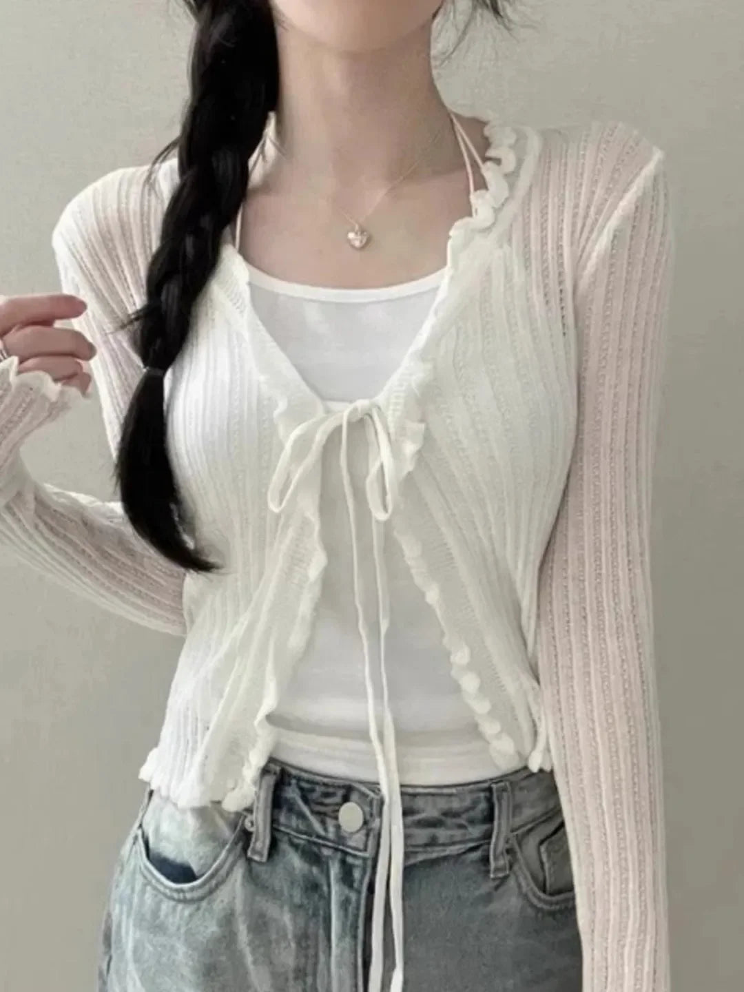 Ruffled Trim Tie Front Long Sleeve Crop Top Women Long Sleeve Open Front Ribbed Knit Cardigan Sweater Summer Fairycore Outfit