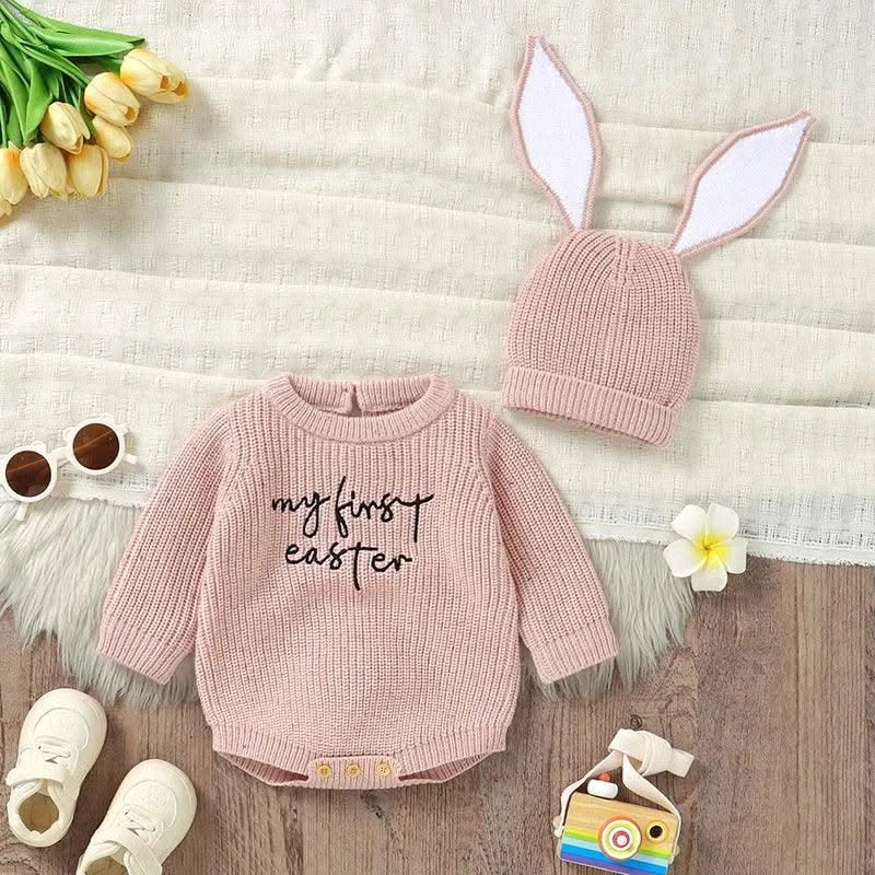 2pcs/Set 0-18m Knitted Jumpsuits Costume| Baby Rabbit Easter Clothes Sets |Cute Hats+ Bodysuits Spring Outfits for Newborn Boy Girl