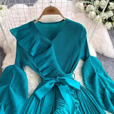 Women's V Neck Ruffles Splice Lantern Sleeve High Stretch Oversized Dresses Miyake Maxi Pleated 2025 Spring Long Party Clothing