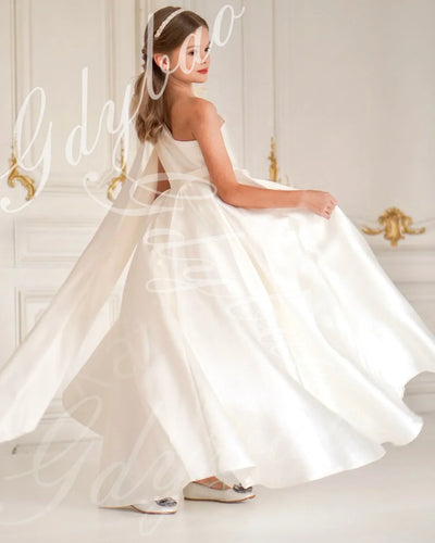 Sky Blue Satin Flower Girl Dress For Wedding One Shoulder With Bow Princess Kids Birthday Party First Communion Ball Gowns