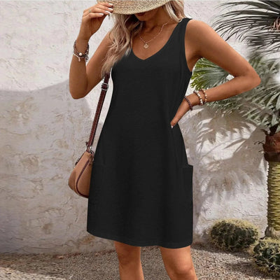 Womens Summer Dresses Plain Loose V Neck Sleeveless Sundresses Swimsuit Coverup With Pockets Vestidos Para Mujer платье женское
