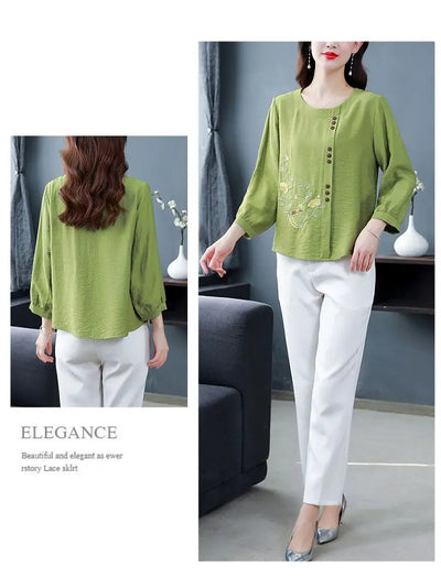 Summer Cotton Linen Embroidery Loose Casual Blouse Lady 3/4 Sleeve Vintage All-match Top Women Fashion Oversized Elegant Shirt