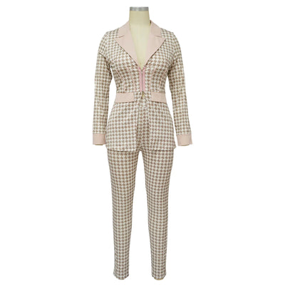 Women Two Piece Sets Outfits Elegant Tweed Slim Long Trousers Short Coat Tops Lady Clothes Formal Business Office Work Suits