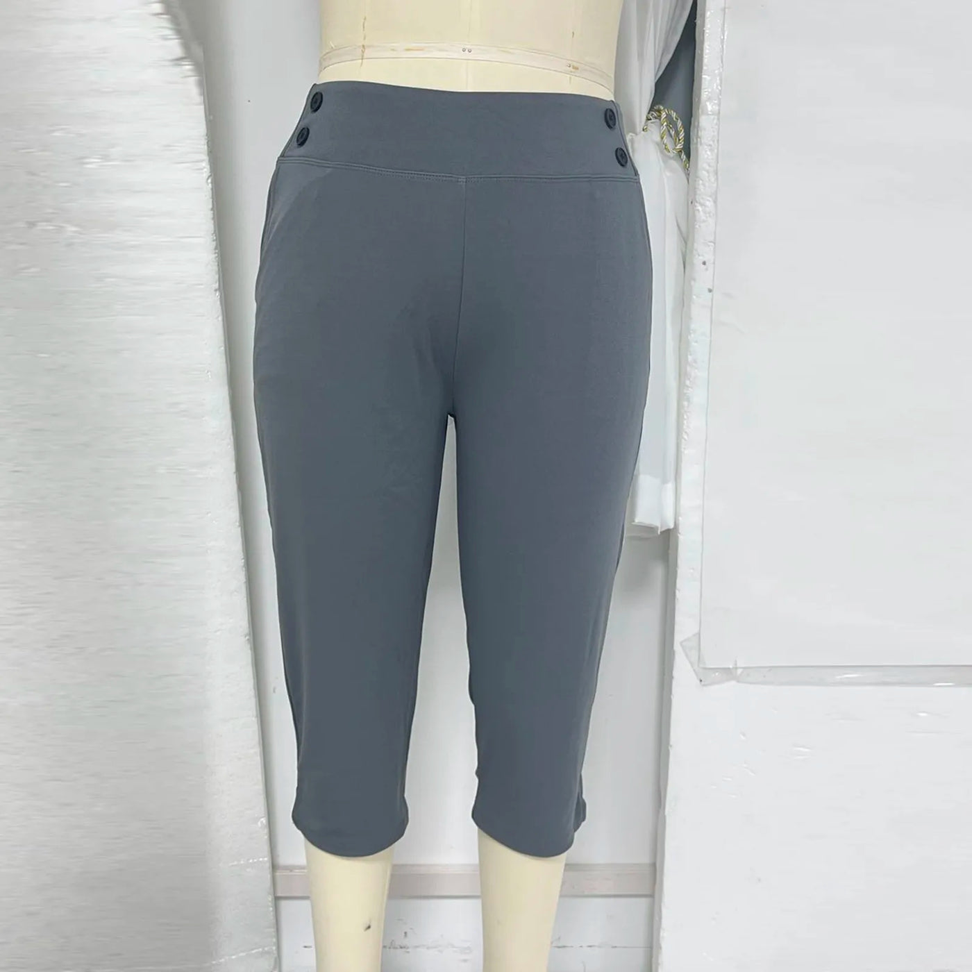Women Elastic High Waist 3/4 Pant Casual Active Fit Wide Capris Leg Pants Trousers With Pockets Pants Woman брюки женские