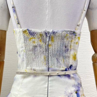 Overlap Pleats 2025 New Floral Print Linen Silk High Quality Spring Summer Sleeveless Shirred Strapless Women Midi Dress
