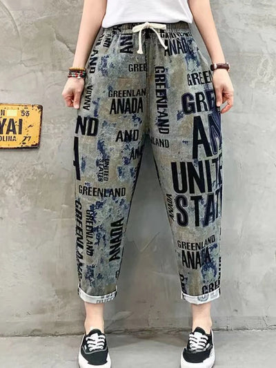 Fashion Printed Cotton Linen Harem Pants for Women 2025 Summer Casual High Waist Calf-Length Loose Trousers Female Streetwear