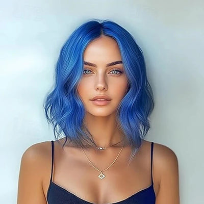 HAIRJOY Synthetic Hair Wavy Wigs for Women Short  Middle Part Curly  Bob Wig  Heat Resistant Fiber Wig for Daily Party Use