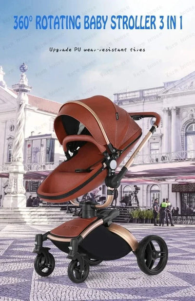 3-in-1 Luxury High-view Baby Stroller with Car Seat Foldable Newborn Baby Stroller PU Leather Two-way Baby Stroller