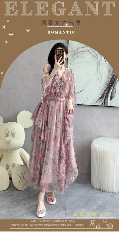Women Sexy Off Shoulder V Neck Floral Print Dress Summer Gorgeous Flower Pink Chiffon Cascading Ruffles Evening Party Prom Robe