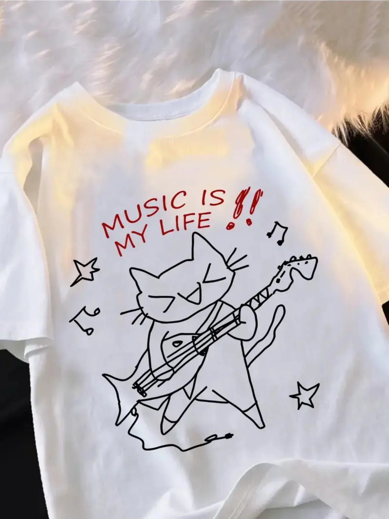 Music Is My Life" Cat Graphic Tee Summer Breathable Moisture-Wicking Comfort Fit Crew Neck T-Shirt for Women Cute Tshirt