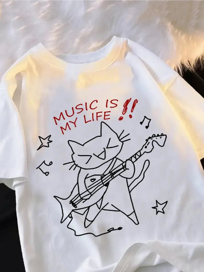 Music Is My Life" Cat Graphic Tee Summer Breathable Moisture-Wicking Comfort Fit Crew Neck T-Shirt for Women Cute Tshirt
