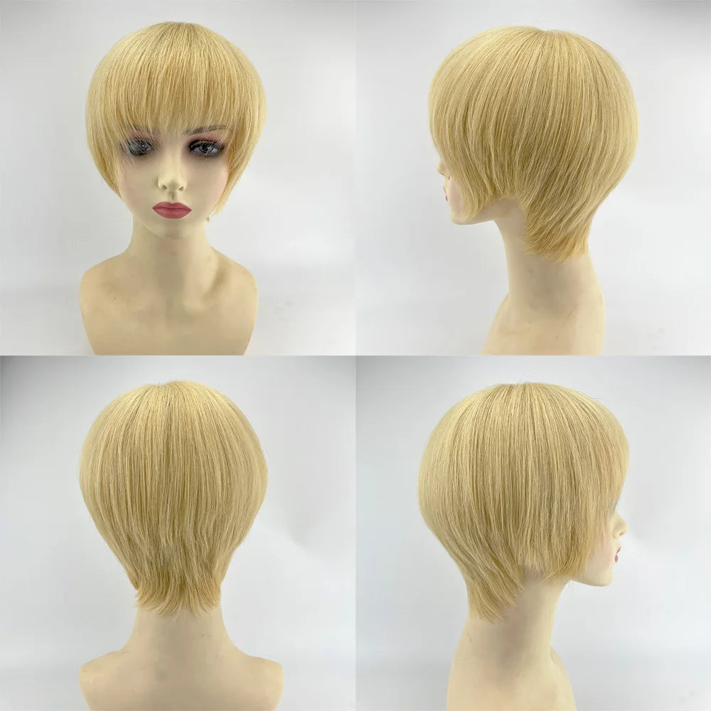Human Hair Wig Short Pixie Cut Full Lace Silk Base Crown Virgin European Hair Thin Light Breathable Wear to Go for Women