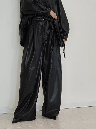 High Waist Black Glossy Casual Long Wide Leg Pants New Loose Fit Trousers Women Fashion Tide Spring Autumn 2025