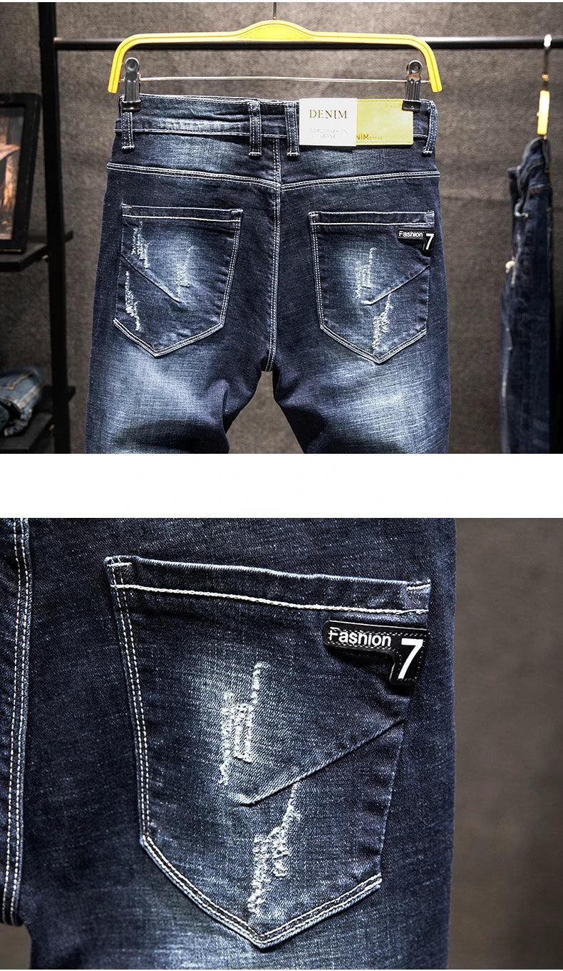 2025 New Ripped Jeans Men Slim-fit Denim Pants Cotton Korean Style Fashion Elasticity Versatile Blue Black Men's Clothing - Elanique
