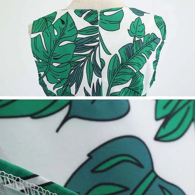 Women's Summer Sleeveless Midi Dress Green Leaf Print O-Neck Retro Vintage Party Robe Casual Elegant Female Clothing