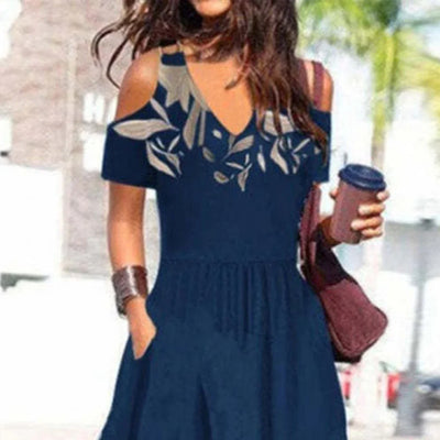 Women Summer Dress Flower Print Hollow Out Short Sleeves V Neck Dress-up Pleated Off Shoulder Soft Maxi Dress Women Clothes
