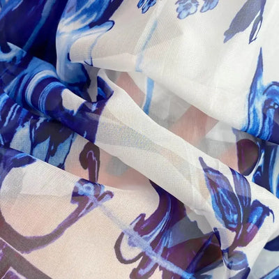 Women Clothing O Neck Flare Sleeve Large Swing Maxi Dress New Summer Bohemian Blue And White Porcelain Print Chiffon Vestidos
