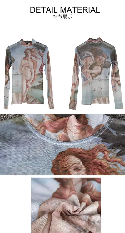 Yuerwang Women T Shirts tee tops Mesh top mesh shirts Print long sleeve 2022 Vintage Spring Summer Women T shirts designer