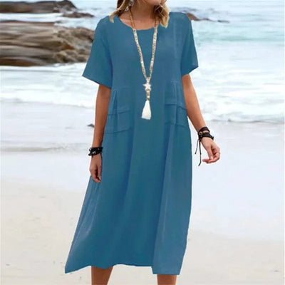 2025 Summer Fashion New Women's Elegant Long Cotton and Hemp Dress Round Neck Vacation Short Sleeve Medium Long Dress