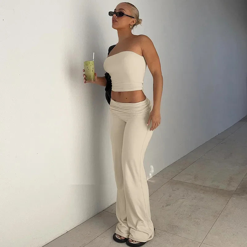 Women's Clothing 2025 Spring Fashion New Item Solid Color Strapless Top Flared Pants Fashionable Slim Fit Sports Suit for Women