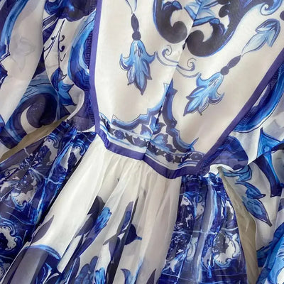 Women Maxi Chiffon Dress Summer Bohemian Rabbits Flower Porcelain Print Clothing Floor Length Flare Sleeve Long Vestidos