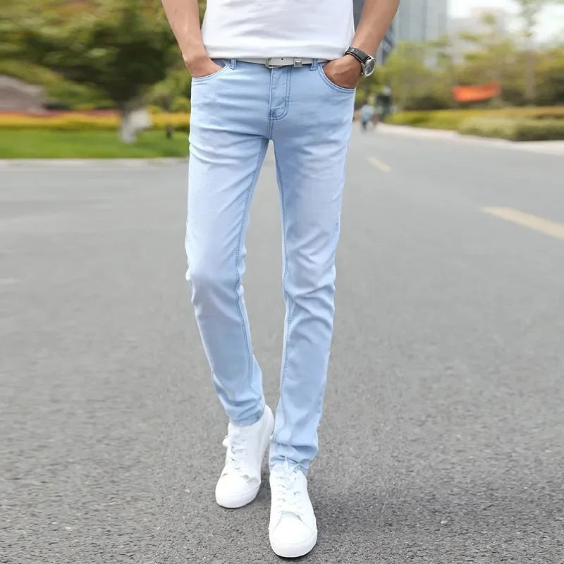 2024 New Men Stretch Skinny Jeans Male Designer Brand Super Elastic Straight Trousers Jeans Slim Fit Fashion Jeans , Sky blue