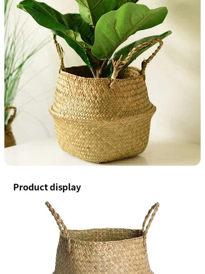 Wicker Basket Toy Organizer Folding Rattan Seagrass Storage Basket Laundry Woven Basket Plant Flower Pot For Home Garden