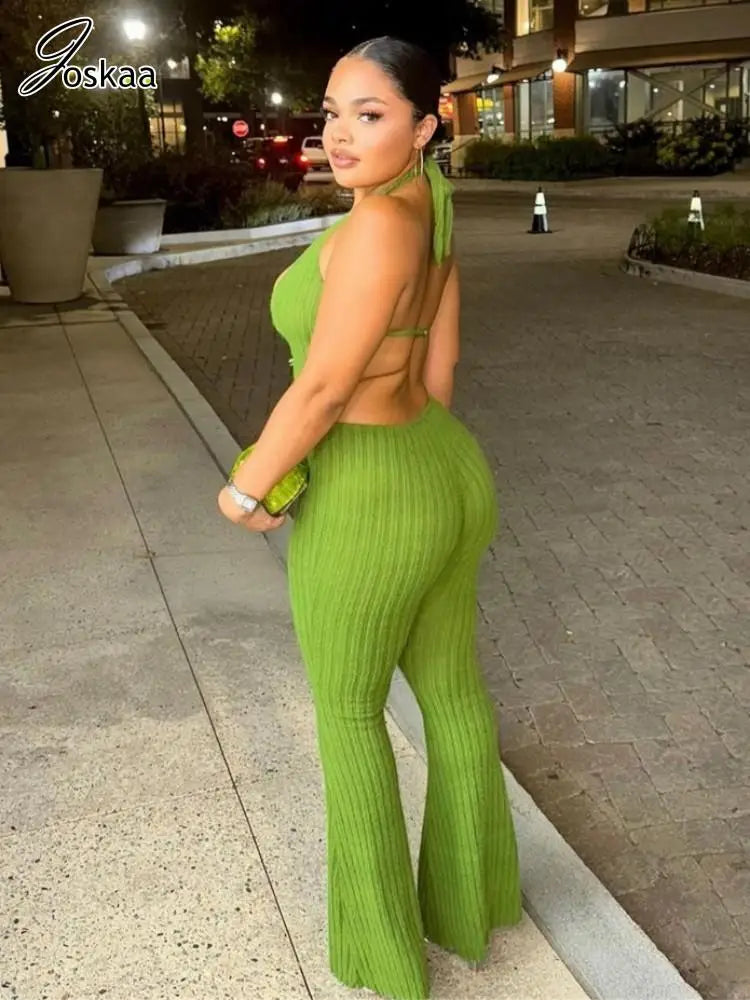 Joskaa Knitted Halter Backless Jumpsuit Women Sexy Deep V-Neck Bow Sleeveless Skinny Overalls 2025 Fitness Sportswear Clubwear