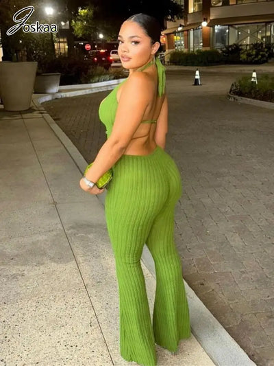 Joskaa Knitted Halter Backless Jumpsuit Women Sexy Deep V-Neck Bow Sleeveless Skinny Overalls 2025 Fitness Sportswear Clubwear