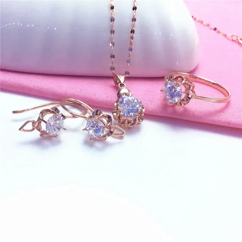 White Shiny Flower Jewelry Set Plated  Rose Gold Earrings for Women Charms Rings Necklace Elegant Light Luxury Necklaces