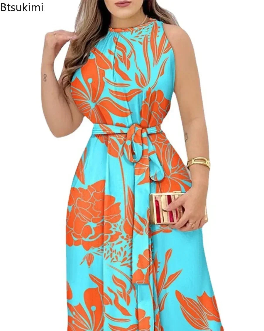2025 Women's Elegant Floral Print Long Dresses Spring Summer Lace up Print Strap Dress Holiday Beach Female Robe Vesido Mujer