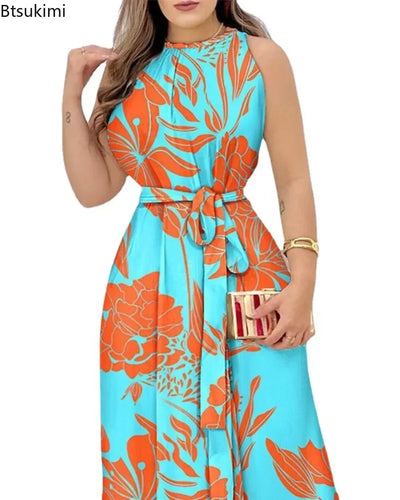 2025 Women's Elegant Floral Print Long Dresses Spring Summer Lace up Print Strap Dress Holiday Beach Female Robe Vesido Mujer