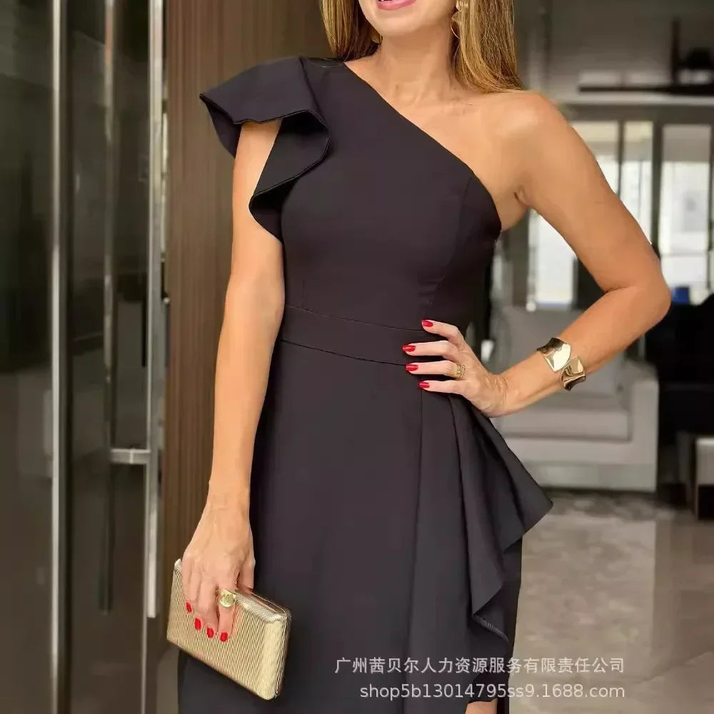 Women Ruffle Hem One Shoulder Asymmetrical Midi Dress High Waist Solid Color Sexy Summer Long Dress