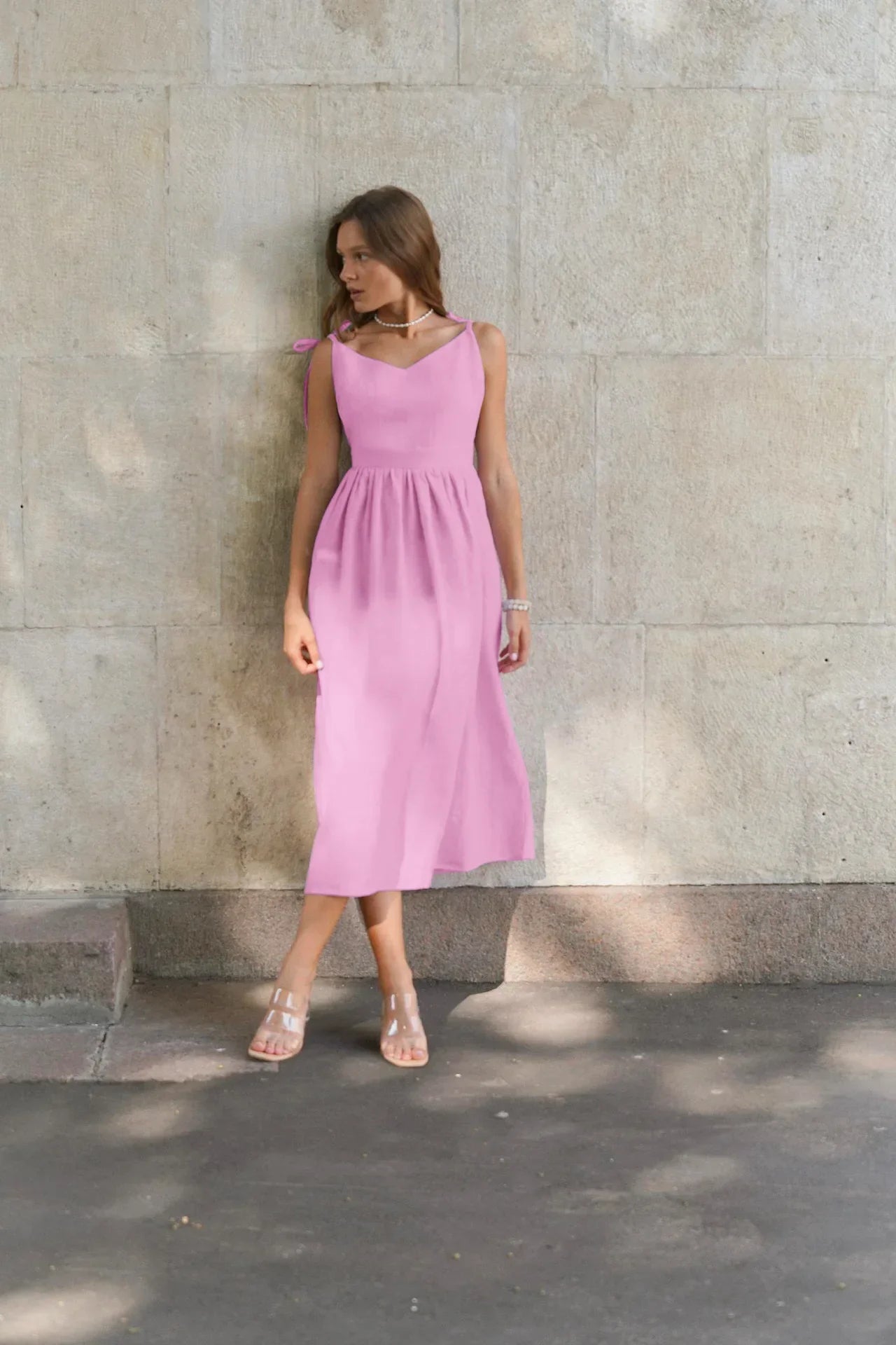 Cotton Linen Solid Color Spaghetti Strap Dresses Women Fashion Leace-up V-neck Backless Beach Vacation Long Dress Female New