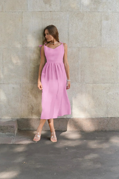 Cotton Linen Solid Color Spaghetti Strap Dresses Women Fashion Leace-up V-neck Backless Beach Vacation Long Dress Female New