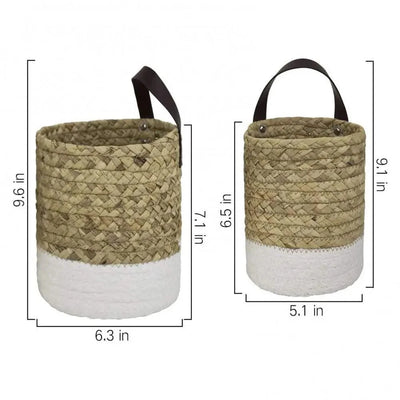 Garden Plant Flower Pot Handmade Rattan Storage Basket Foldable Seagrass Straw Hanging Woven Handle Toy Storage Container 1Pc