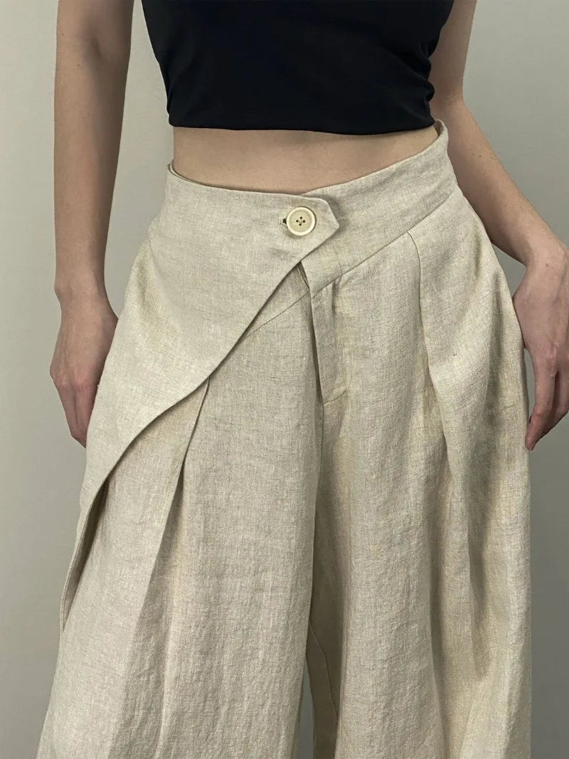 Streetwear Wide Leg Pants Women Fashion Pleated Linen Baggy Pants Summer Korean High Waist Casual Design Straight Trousers New