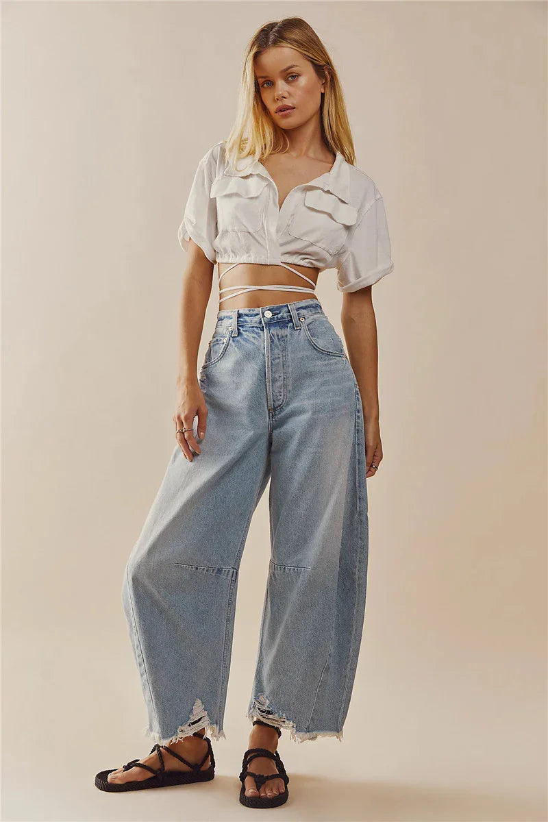 Imcute Women Casual Wide Leg Baggy Denim Pants Mid Waist Boyfriend Loose Jeans Y2k Vintage Barrel Jeans Streetwear