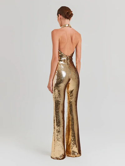 Women's Sleeveless Gold Sequin Jumpsuit Sexy V Neck Sparkle Sequined High Waist Wide Leg Pants Jumpsuit Celebrity Evening Party