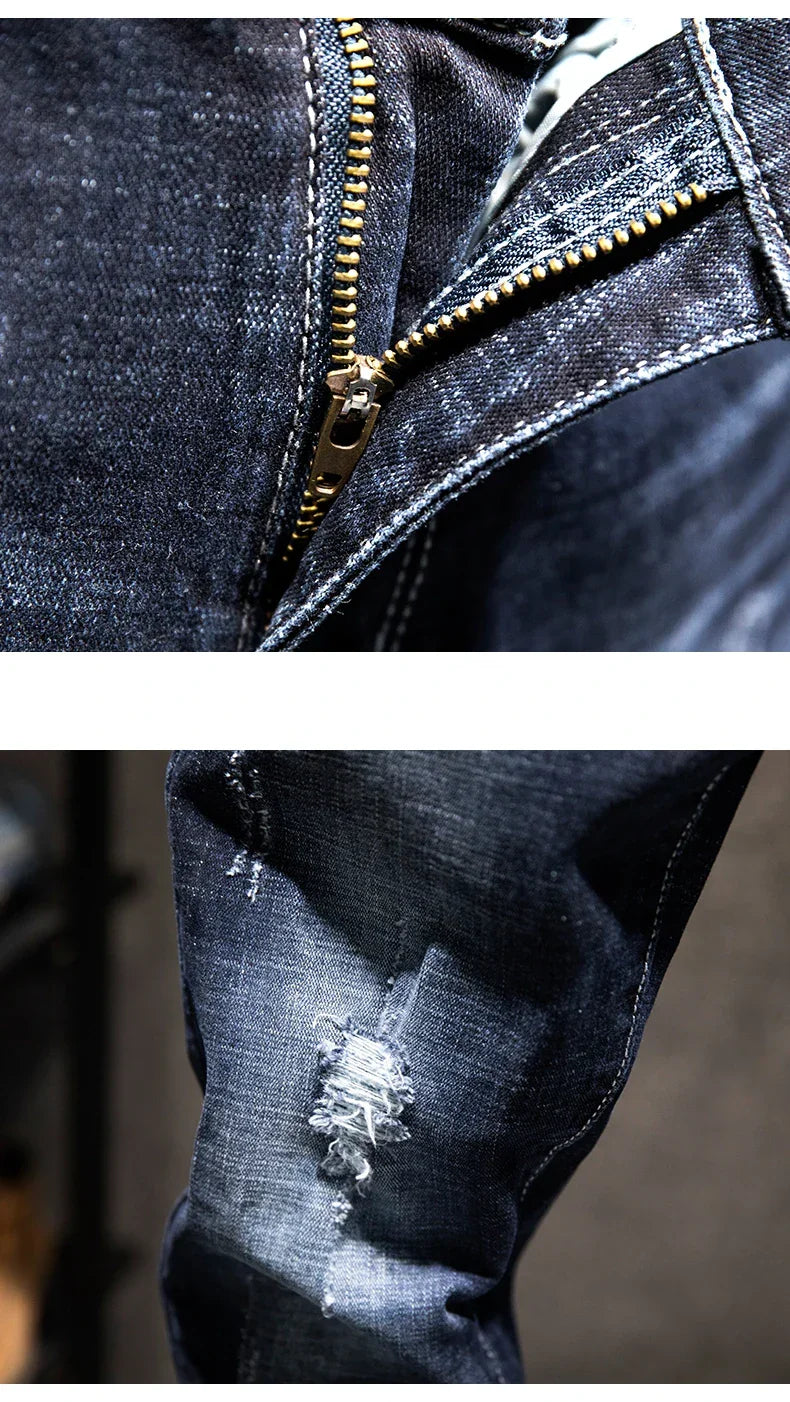 2025 New Ripped Jeans Men Slim-fit Denim Pants Cotton Korean Style Fashion Elasticity Versatile Blue Black Men's Clothing - Elanique