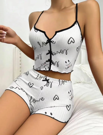 2 Pieces Set Women's Pajama Shorts Heart Print Pajama Set Sexy Lingerie Camisoles Tanks Nighty Female Loungewear Homewear Suits