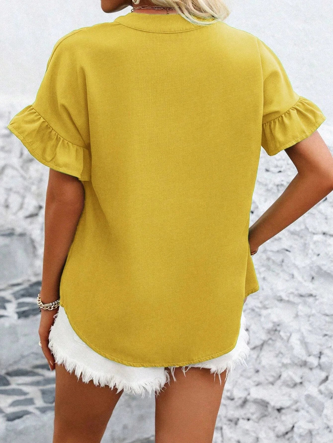 Women Button Solid Cotton Linen Blouses Summer 2025 Fashion Stand Up Short Sleeve Shirts Casual V-Neck Ruffles Office Lady Tops