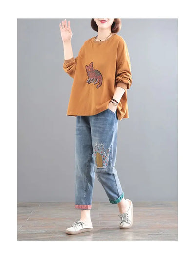 High waisted Jeans for women 2025 Spring Autumn New Korean version Loose Embroidered patch fabric Nine point Harem Pants Female