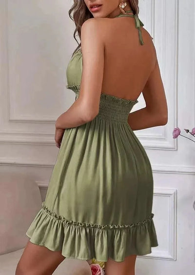 Summer Dresses For Women Trendy Solid Boho Dress V Neck Sleeveless Halter Backless Sundress Ruffles Holiday Beach Dresses