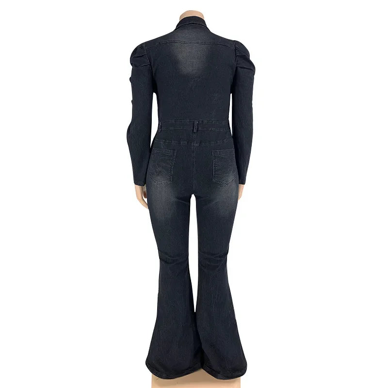 Full Length Overalls Women Jeans Bleached Washed Denim Mid Waist Jumpsuits Single Breasted Sashes Spliced Vintage Casual