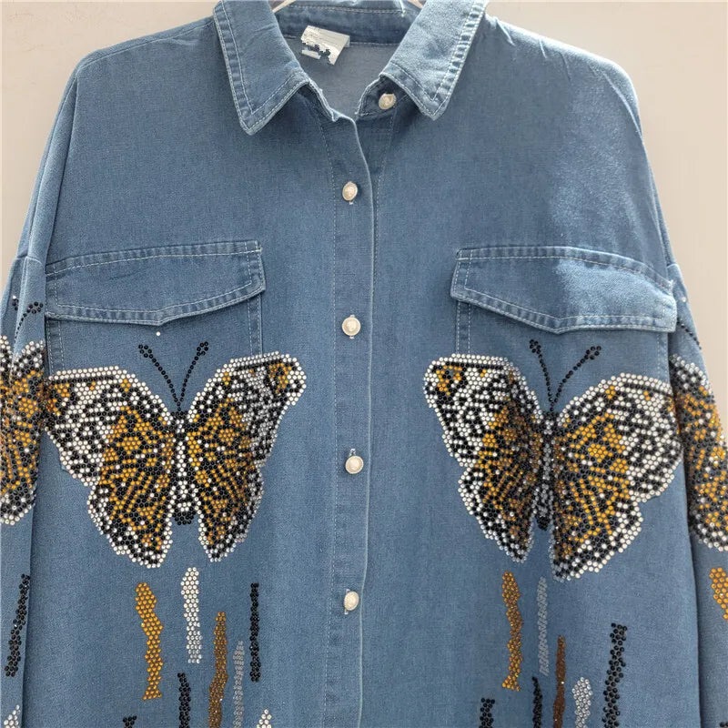 ANJY Autumn New Women Chic Two-Piece Set Studded Diamonds Streetwear Denim Shirt Drawstring Straight Elegant Casual Pants  A9654