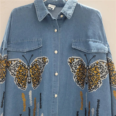 ANJY Autumn New Women Chic Two-Piece Set Studded Diamonds Streetwear Denim Shirt Drawstring Straight Elegant Casual Pants  A9654